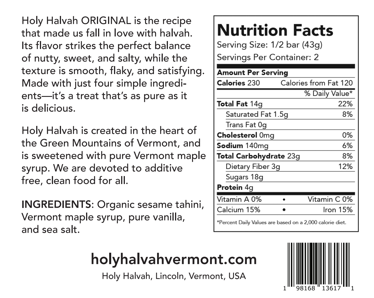 Holy Halvah - Wholesale Snack Bar - Organic Holy Halvah GoldBar (original)5