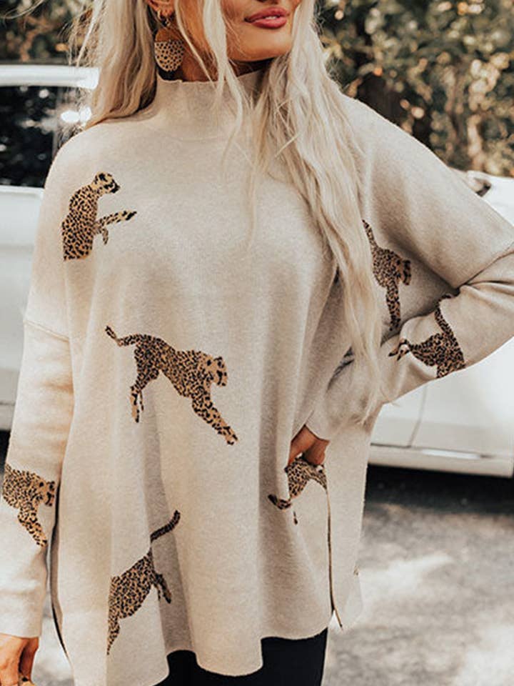 MULTI Cheetah Print High Neck Split Hem Sweater for wholesale on Faire0
