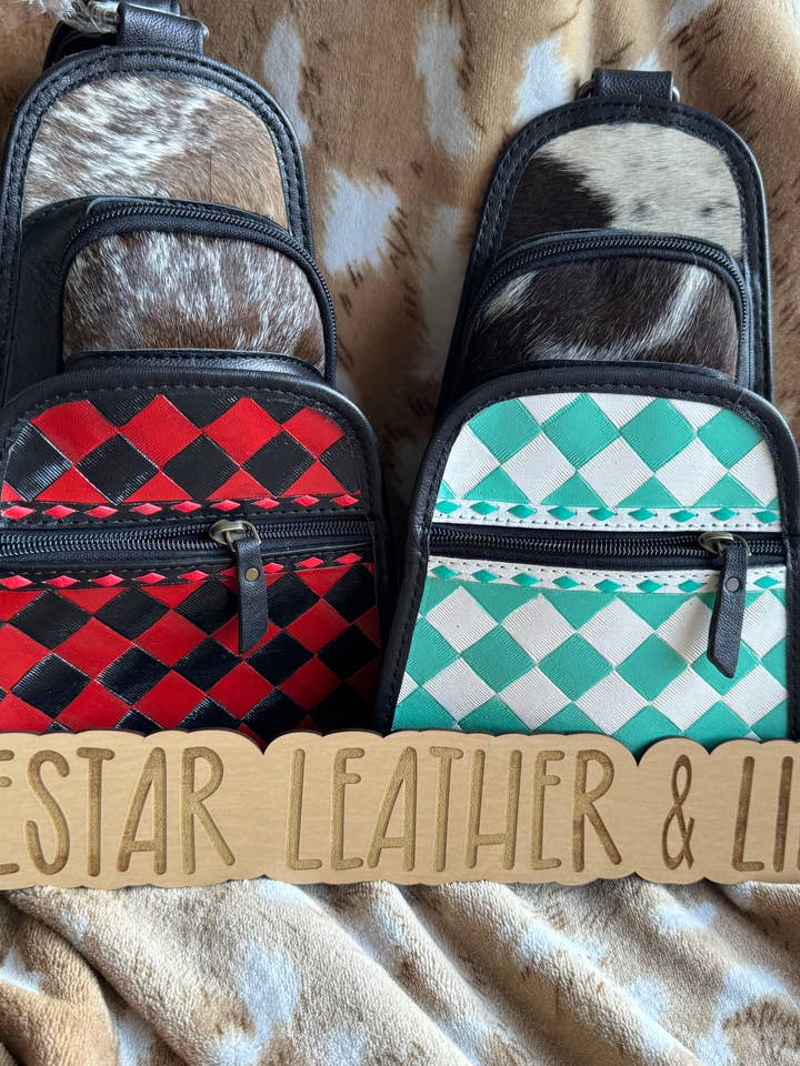 Bolso de honda de piel de vaca a cuadros en verde azulado y rojo para venta al por mayor de Broads Market