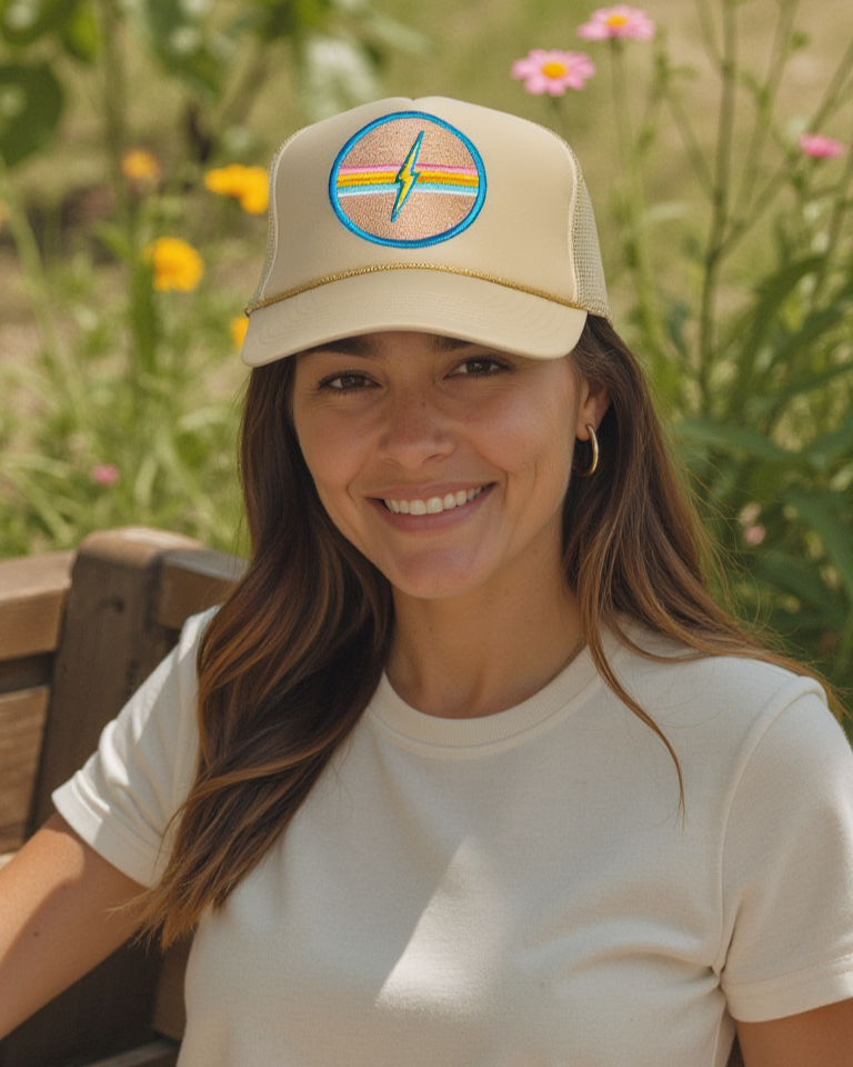 Electric Rainbow Trucker Hat in Tan for wholesale on Faire1