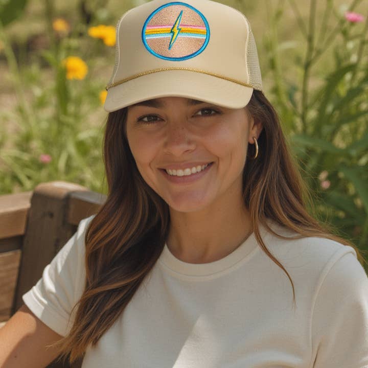 Electric Rainbow Trucker Hat in Tan for wholesale on Faire1