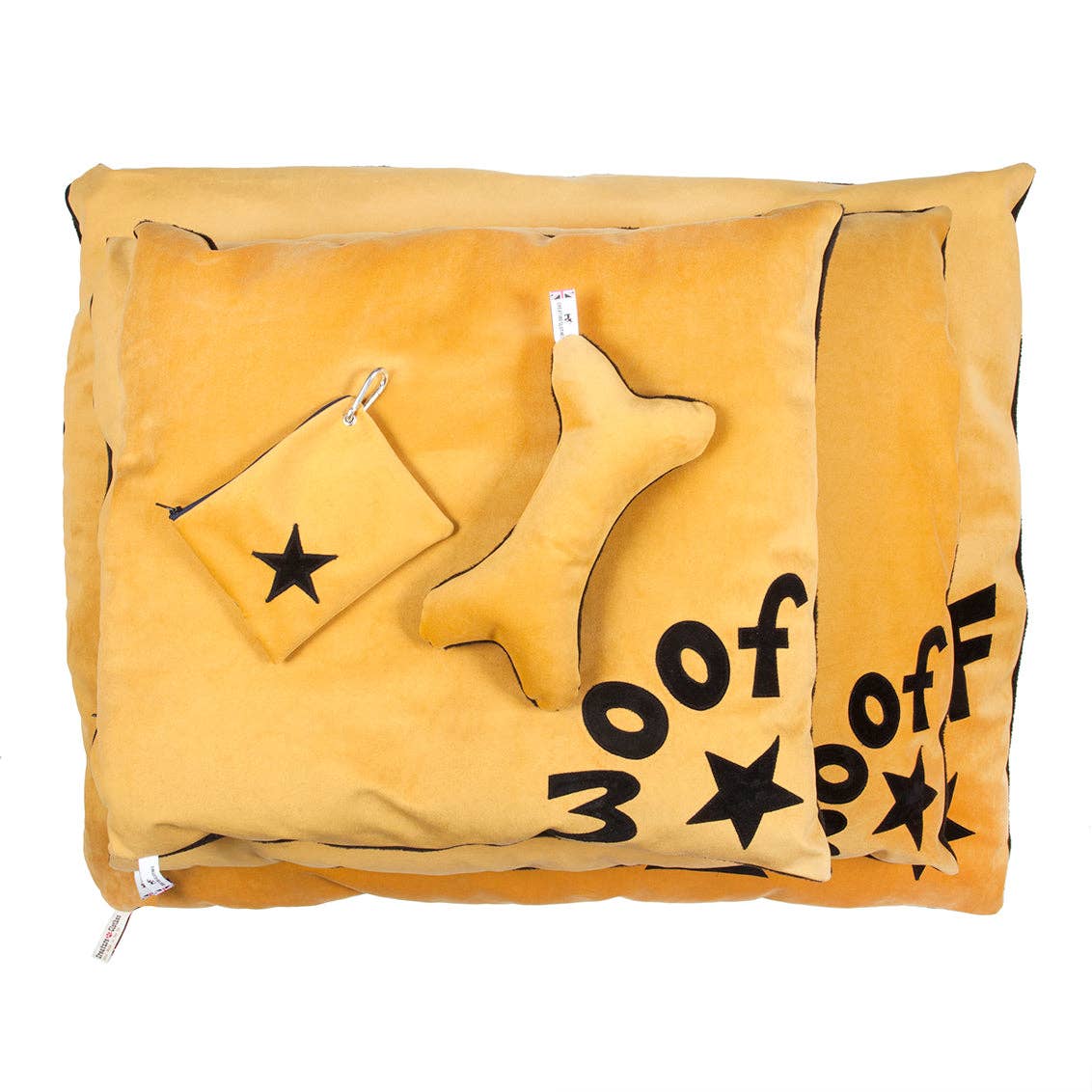 Creature Clothes - Wholesale Pet Bed - Dog - Dog bed in mustard velvet with black WOOF letters and star detail2