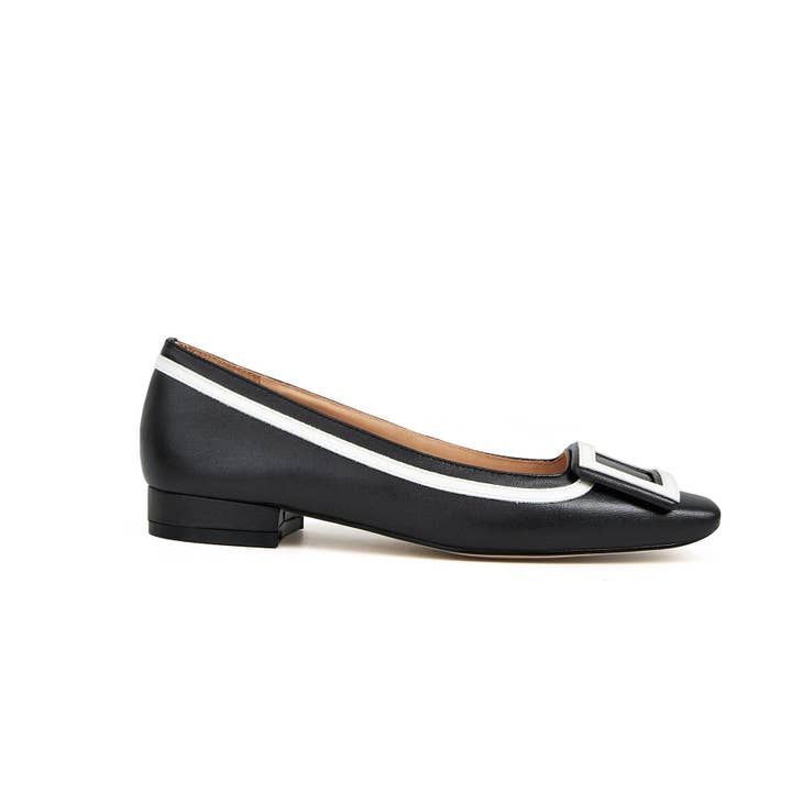Adeline Flat Buckle Pump in Sheep Leather - Black/Ivory for wholesale by CUCTOS