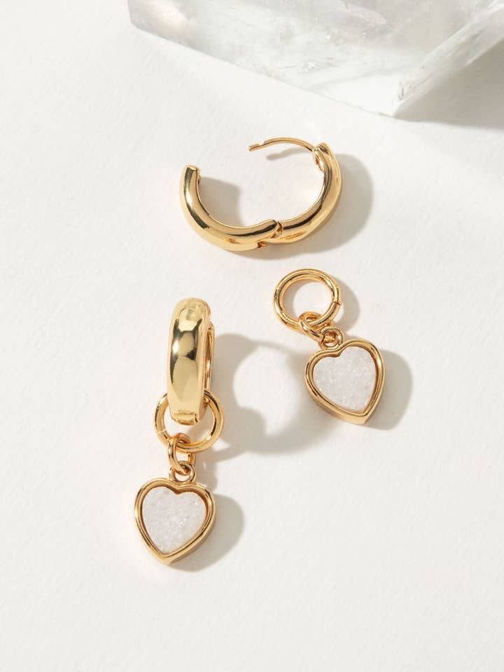 Heart's Accelerated Huggie Hoop Earring Gold - White Druzy for wholesale by Luna Norte