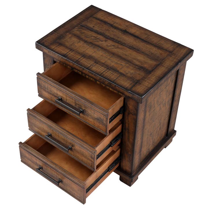 HomeRoots - Wholesale Bedroom Furniture - Set of Two 26" Walnut Solid Wood Distressed Three Drawer Nightstand4