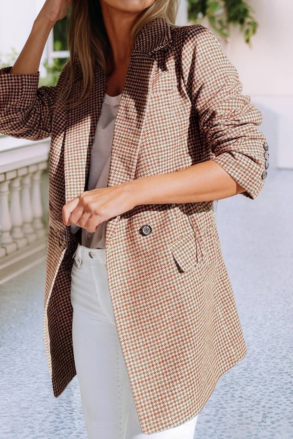 Brown  LDC Houndstooth Lapel Collar Blazer for wholesale on Faire2