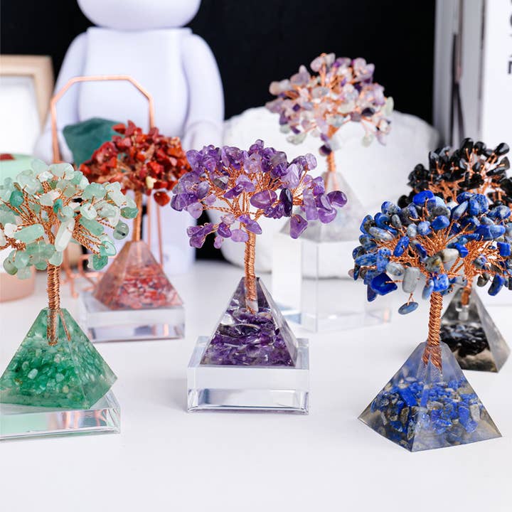 Crystolver - Wholesale Decorative Tabletop Object - Natural Crystal Fortune Tree Pyramid Base