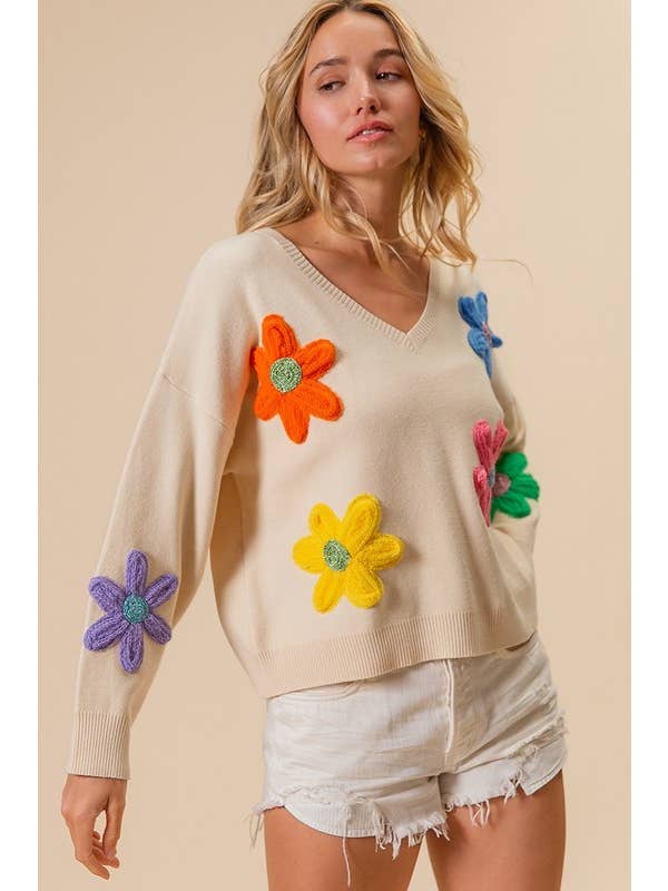 OATMEAL Crochet Flower Patches Sweater for wholesale on Faire