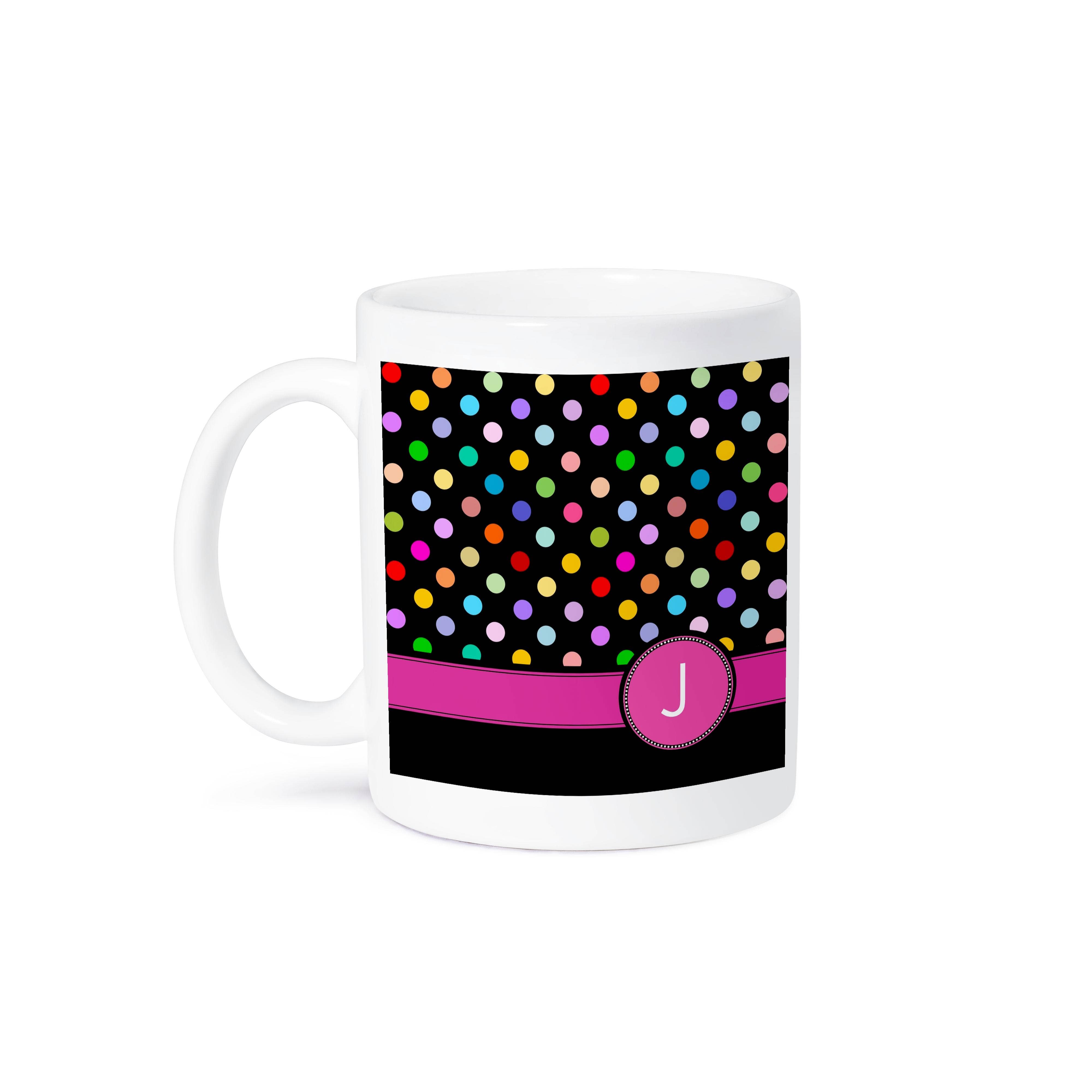 3dRose - Vente Tasse à café - 3dRose, Lettre J monogrammée sur un motif à pois arc-en-ciel avec initiale personnelle rose vif - multicolore girly, Tasse7