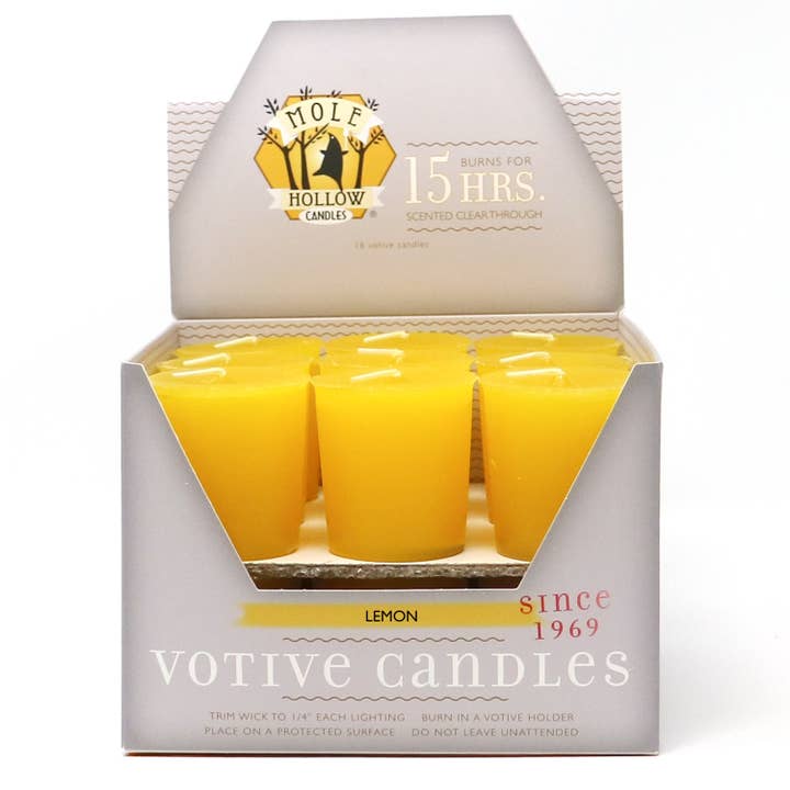 Lemon Scented Votive Candles, Made in USA for wholesale by Mole Hollow Candles