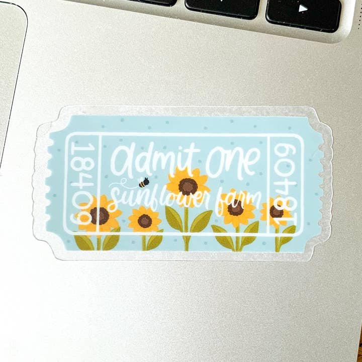 Autocollant transparent Sunflower Farm Admit One, 2,7 x 1,5 po. pour la vente par Elyse Breanne Design