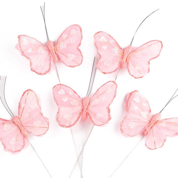 Factory Direct Craft - Wholesale Artificial Flowers - Pink Mesh and Glitter Valentine's Day Butterflies