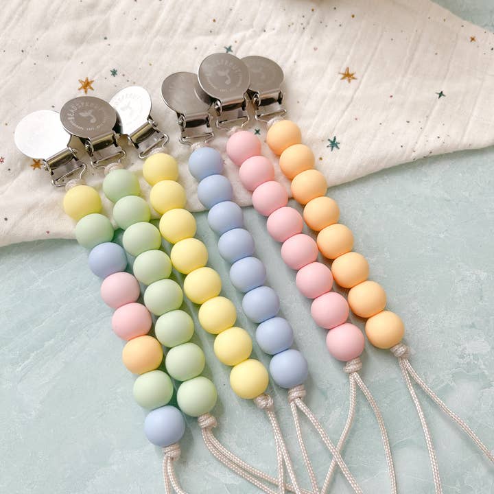 Pastel Rainbow Pacifier Clip, Handmade, Bead Sprout for wholesale by Bead Sprout