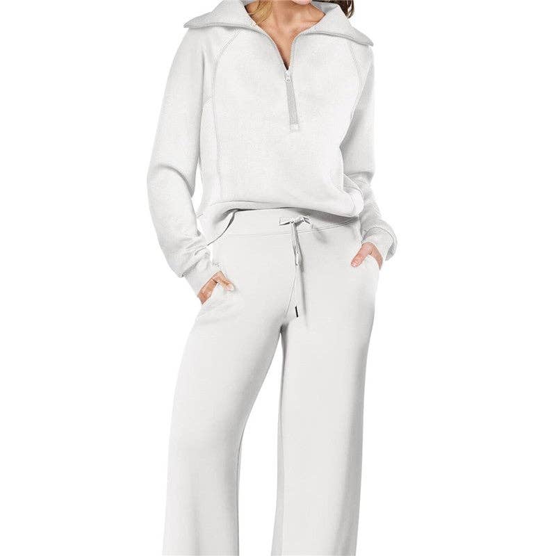 Plush Looks – wholesale Mjukisset – Dam – Set med halvzip-tröja i ren färg och joggers med vida ben7