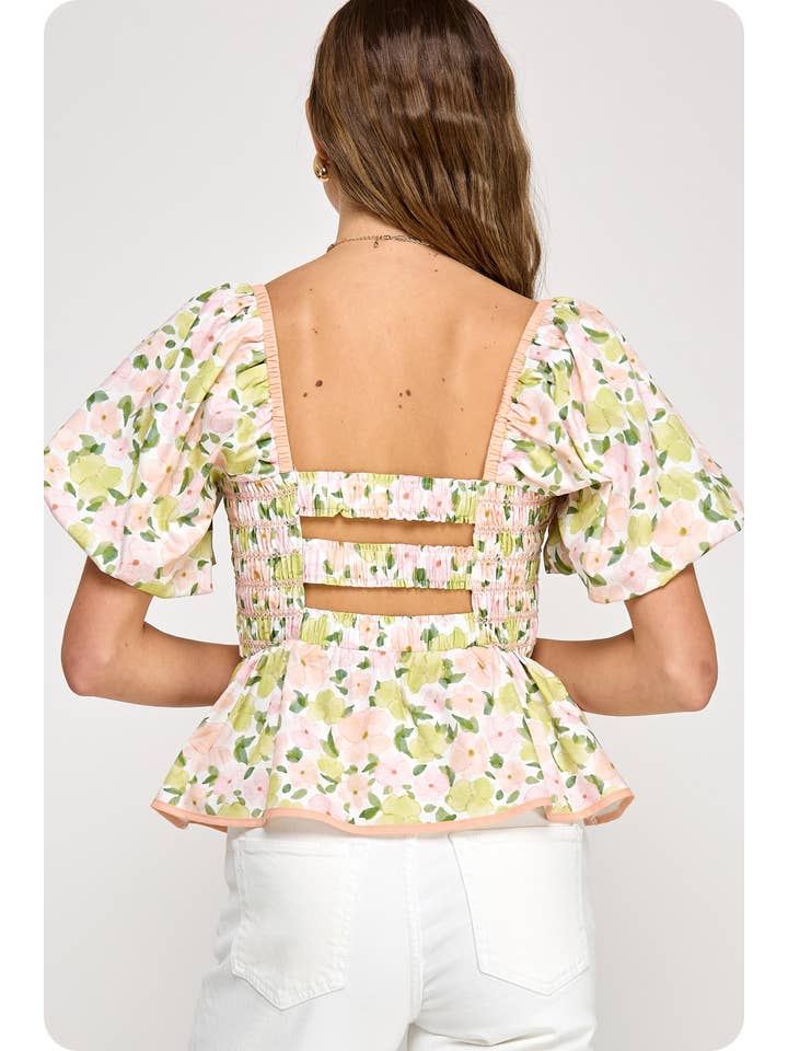 Strut & Bolt - Wholesale Blouse - Women's - Floral Print Contrast Smocking Top