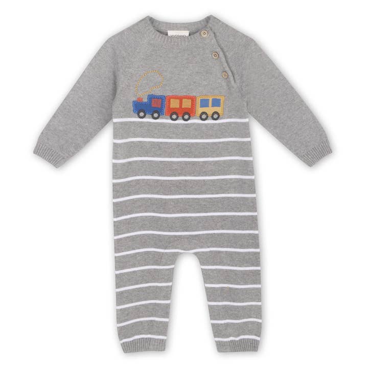 Train Applique tröja Stickad babyjumpsuit (ekologisk bomull) för wholesale av Viverano Organics