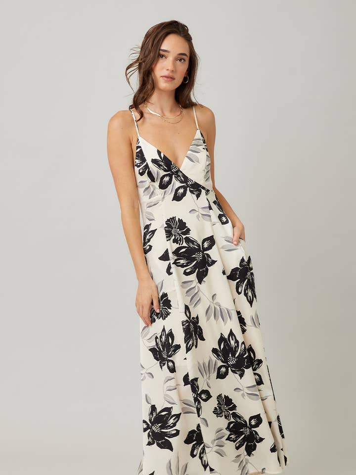 IVORY Fall Holiday Floral Printed Satin Open Back Maxi Dress for wholesale on Faire0