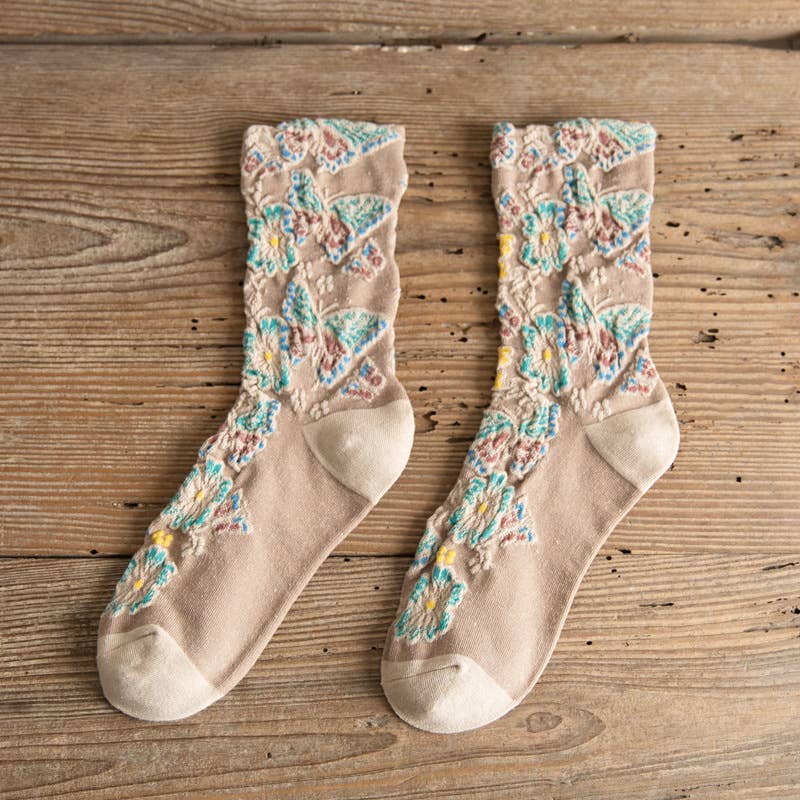 Tourtiwi - Wholesale Socks - Women's - Vintage Embossed Butterfly and Floral Socks1