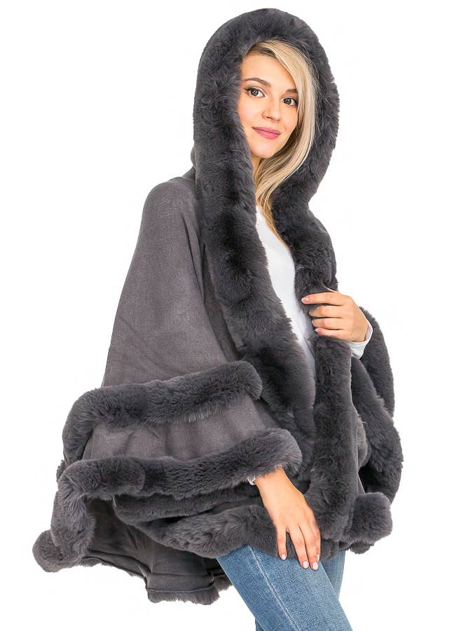 Cap Zone - Wholesale Cape - Women's - Faux Fur Lined Hooded Open Silhouette Shawl Cape