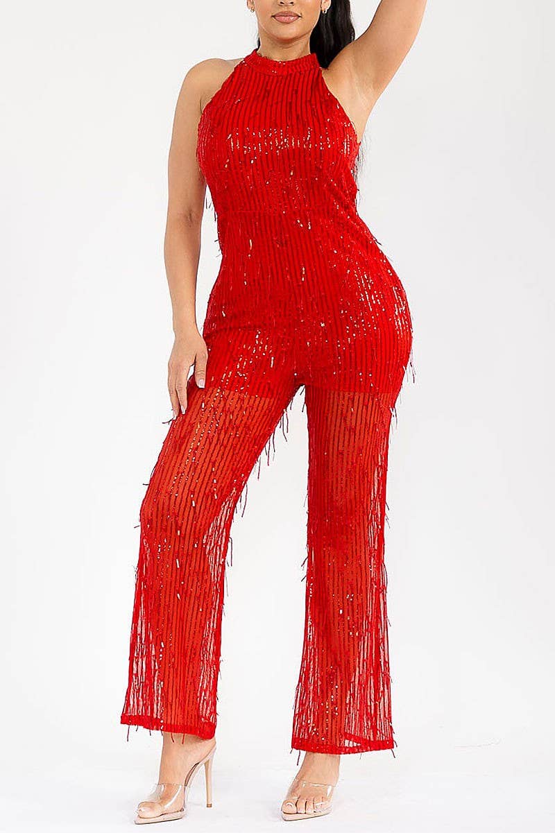 Red SLEEVELESS HALTER NECK SEQUINS WIDE LEG JUMPSUIT for wholesale on Faire0