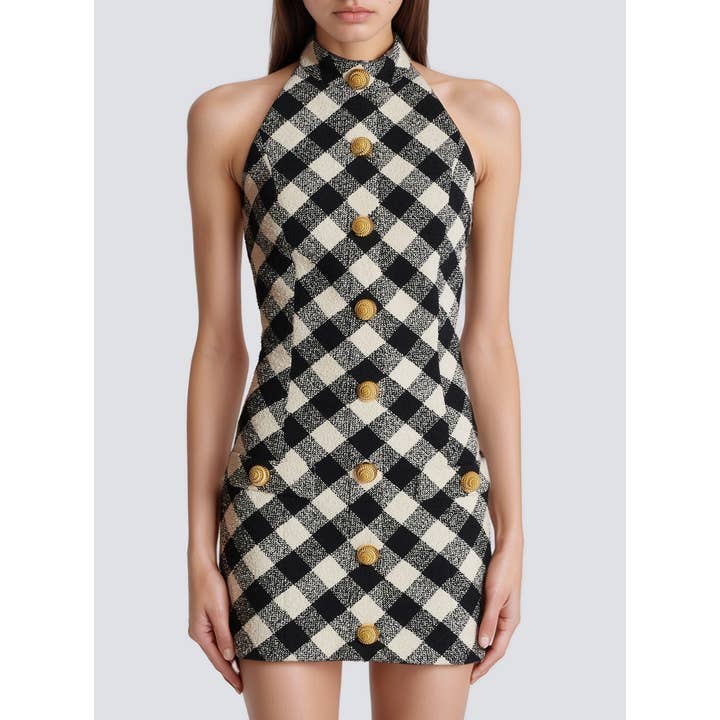 SY495 Plaid Woolen Sleeveless Dress with Gold Button Detail for wholesale by Sanyao Fashion