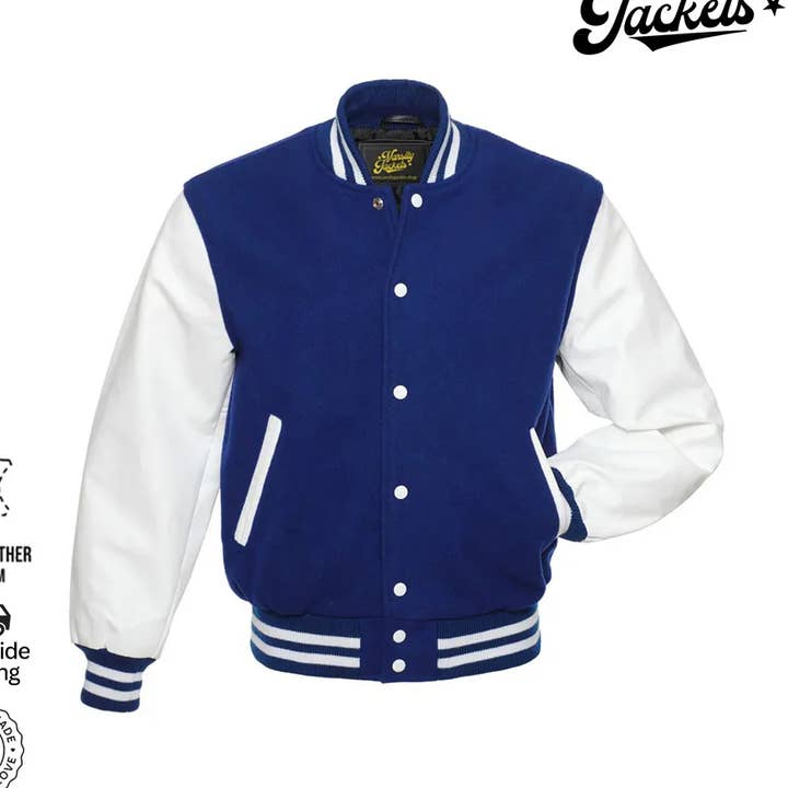 Royal Blue Wool & White Leather Sleeves Letterman Jacket for wholesale by Varsity Craft
