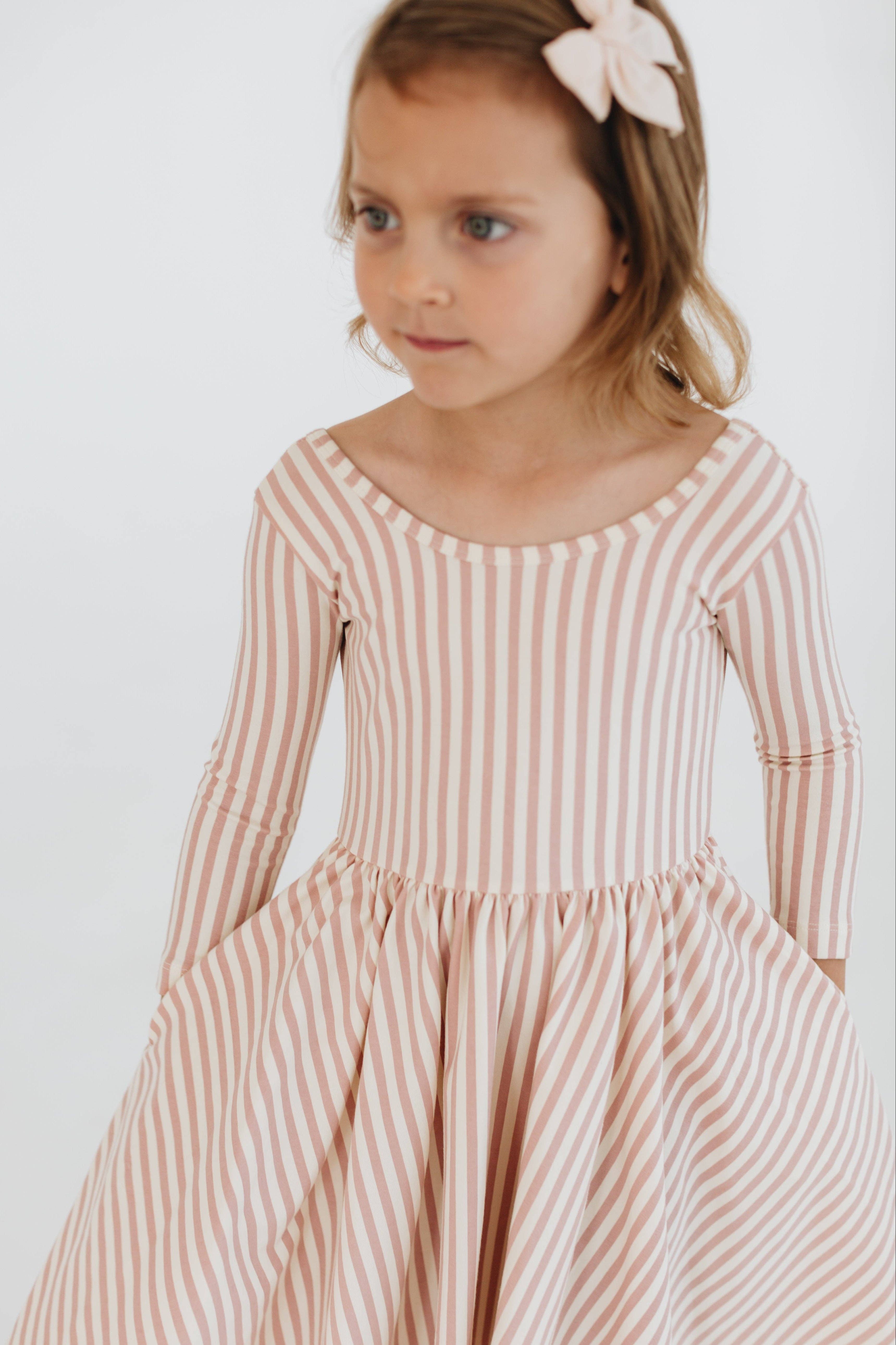Good Apples Kids - Wholesale Dress - Kids - 3/4 Sleeve Twirl Dress in Vintage Pink Stripes1