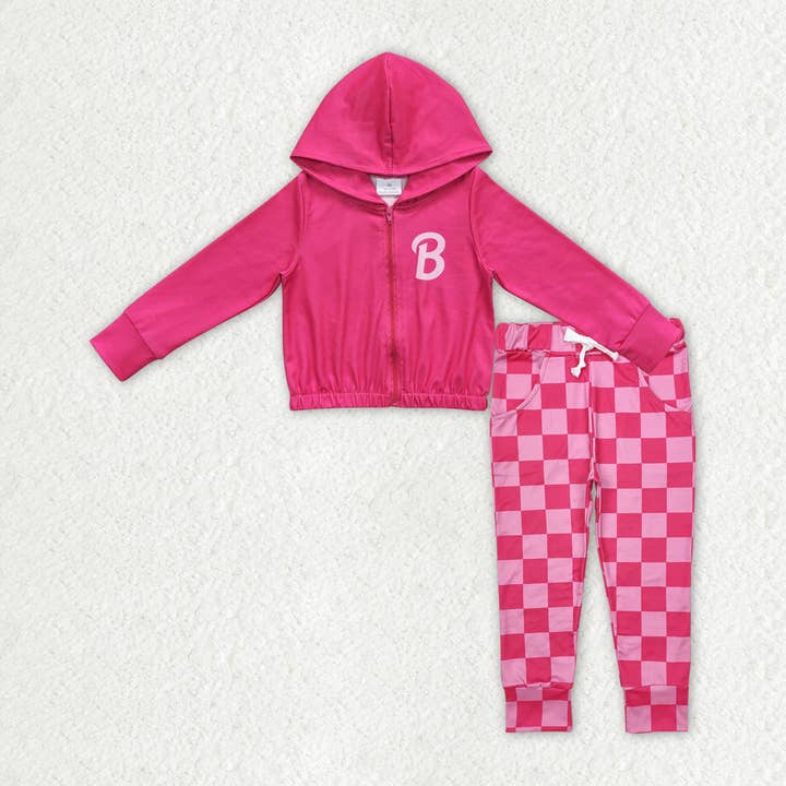 Baby Girls Pink Doll Hooded Zip Jacket Top Checkered Pants Clothes Sets for wholesale by Aier Wholesale