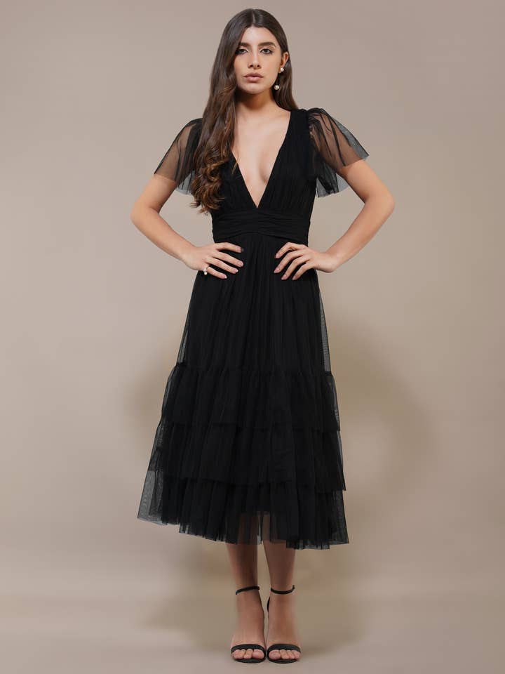 Madison Black Tulle Bridesmaid Midi Dress for wholesale by Lace & Beads