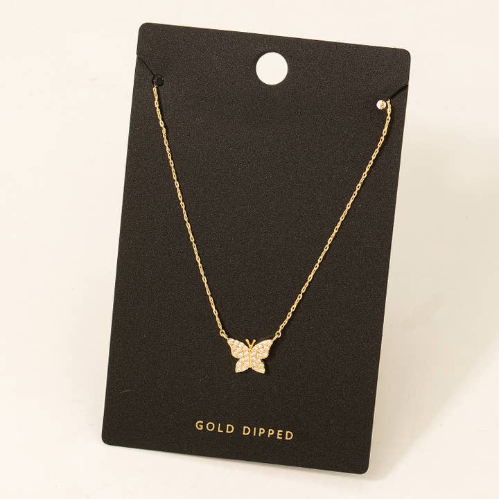 Gold Dipped Pave Butterfly Pendant Necklace for wholesale by Fame Accessories