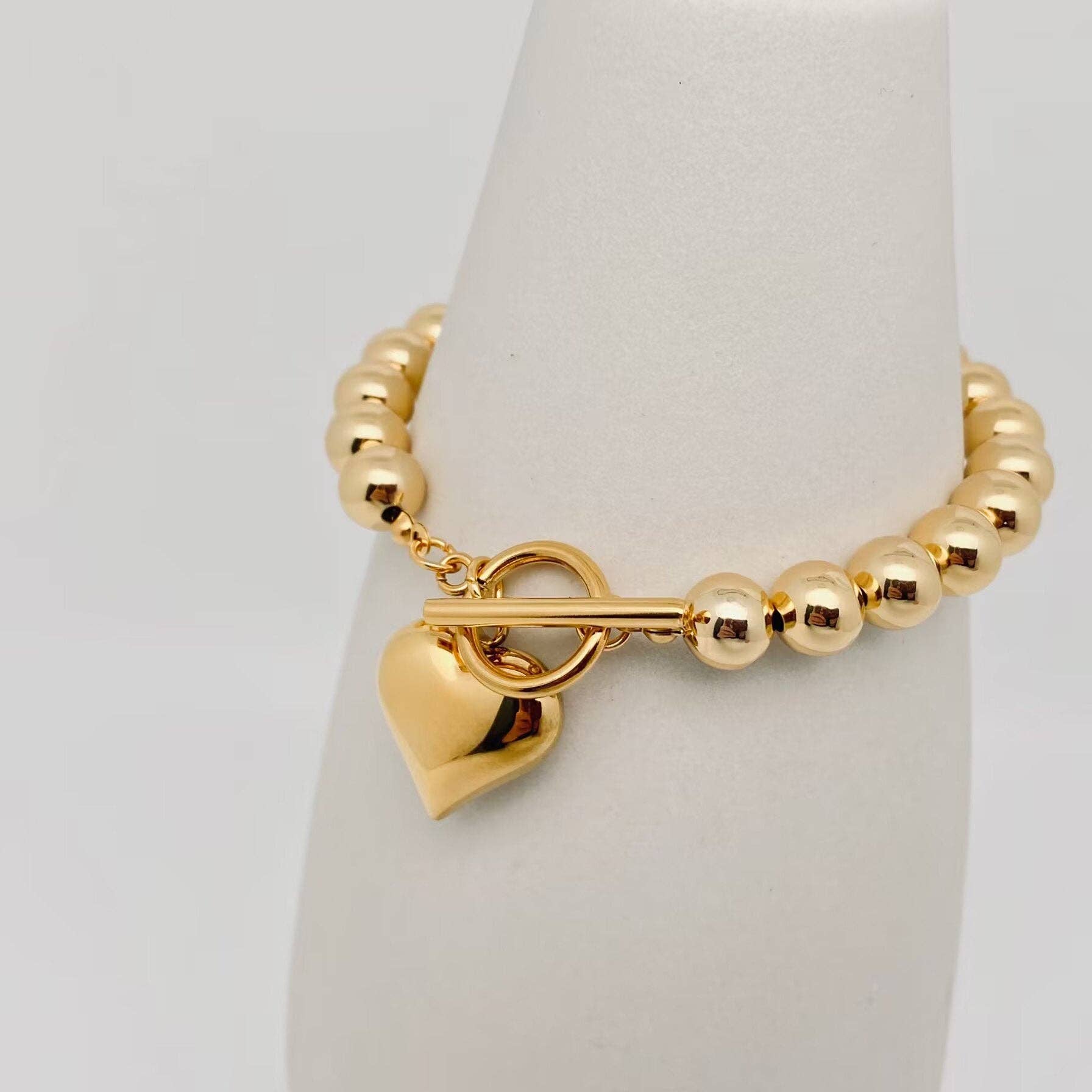 Mio Queena – wholesale Charm/dangle bracelet – Heart Charm 18K Gold Plated 8MM Beads Chain Bracelet - FGS1