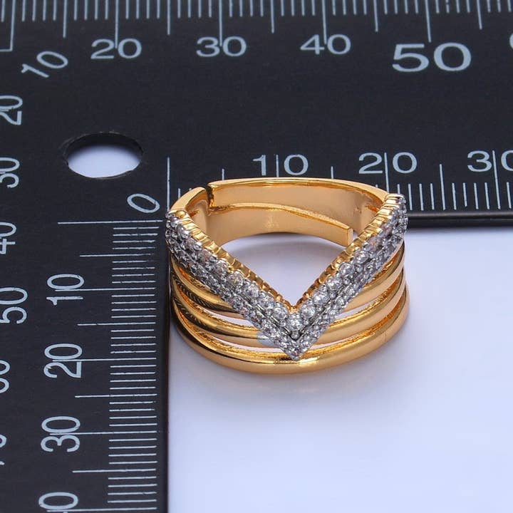 Aim Eternal - Wholesale Multi-Stone Ring - SJ | 24K Gold Filled Mixed Metal Micro Paved CZ Chevron Multiple Band Ring | U3881