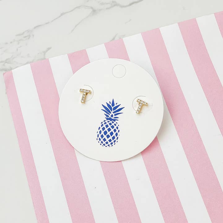 Prep Obsessed Wholesale - Wholesale Stud/Post Earrings - Cubic Zirconia Initial Stud Earrings- Gold15