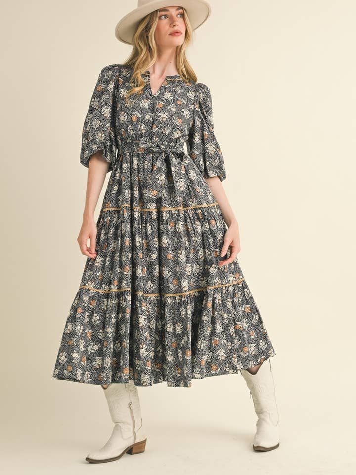 &MERCI - Wholesale Dress - Women's - BUBBLE SLEEVE LACE TRIM MIDI DRESS MDR34301