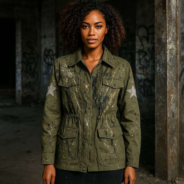 apiedinudinelparco - Wholesale Jacket - Women's - UP-CYCLED MILITARY JACKET GLITTER PATCH STREET ART LUX STYLE16