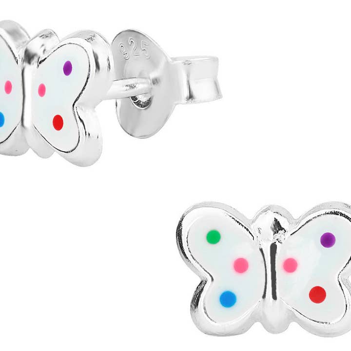 Sterling Silver Rainbow Polka Dot Butterfly Stud Earrings for wholesale by Penny & Piper