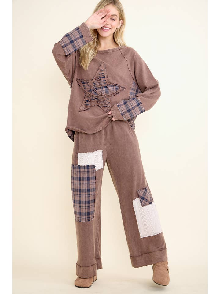 J.Her - Wholesale Sweatshirt - Women's - Mineral Washed Distressed Star Patch Plaid top HT67834