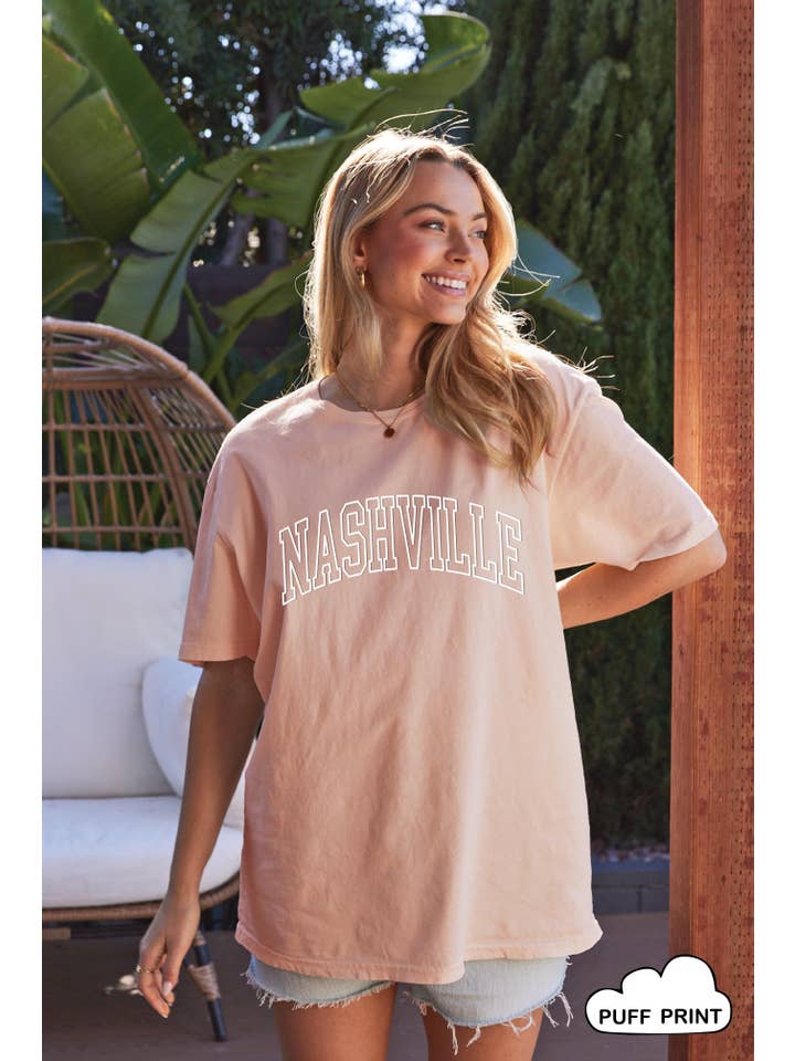 OAT COLLECTIVE - Wholesale Screen Printed T-Shirt - Women's - NASHVILLE Puff Oversized Mineral Washed Graphic Top