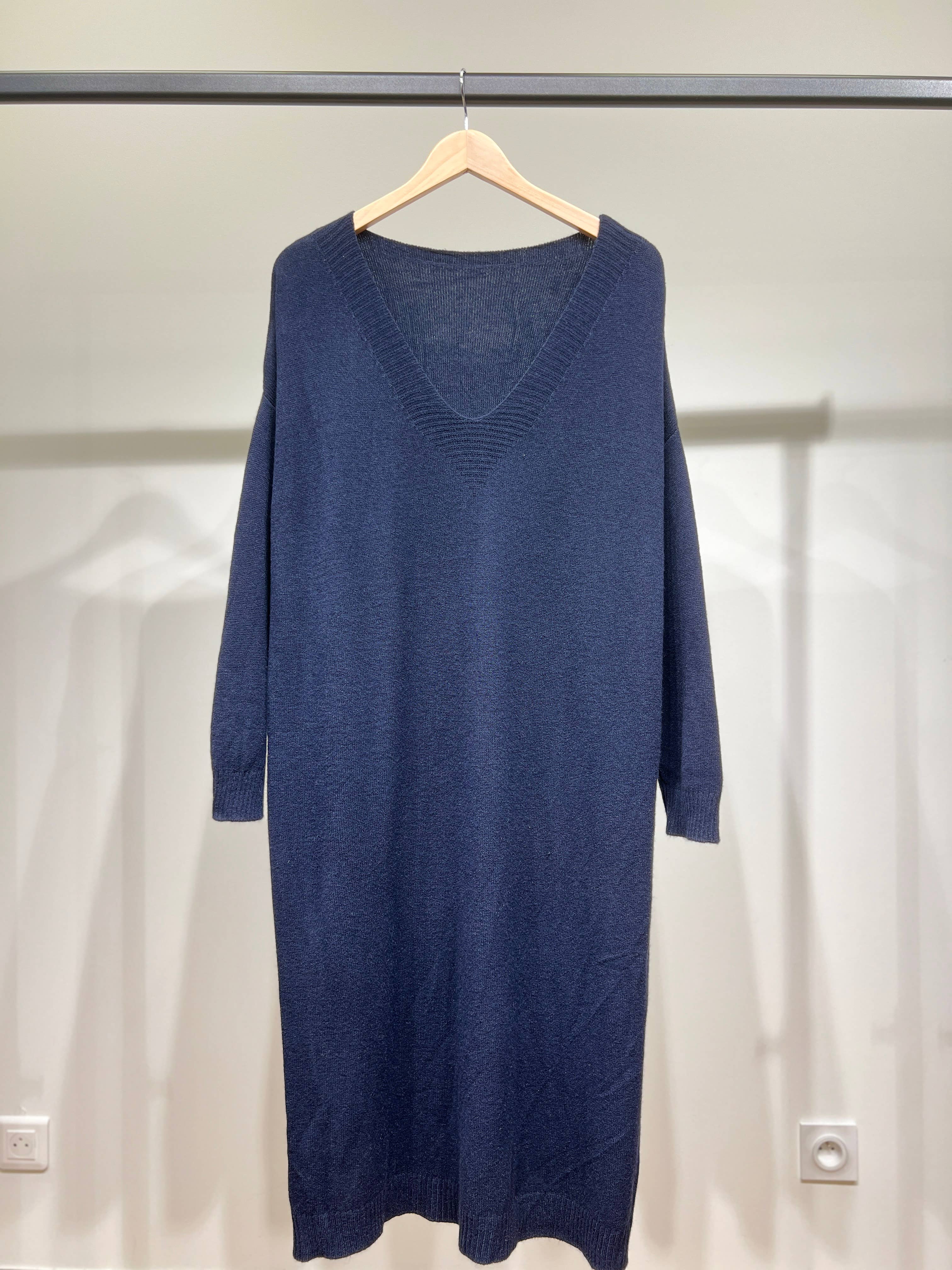 L'Emotion - Vente Robe – femme - Robe Pull Maille Fine Bord-Côtes Côtelé Col V7