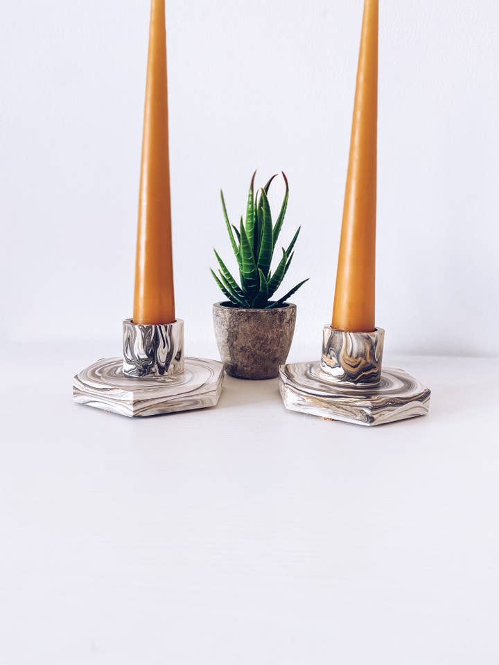 Hexagon Marbled Candle Holders ( Set of 2) for wholesale by dottie + olive