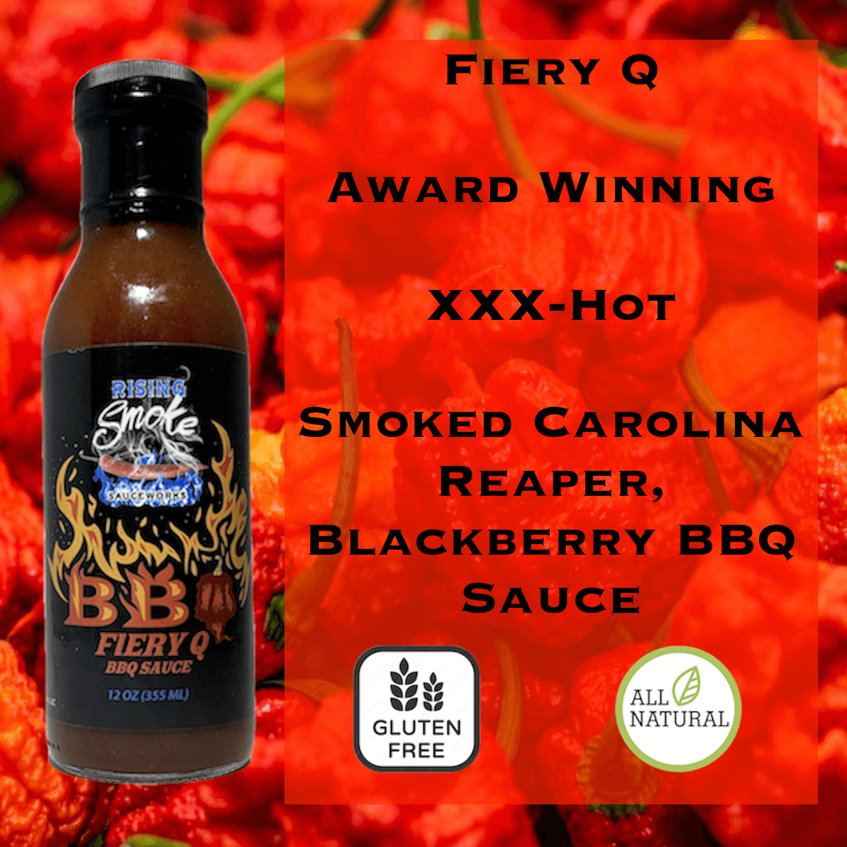 Rising Smoke Sauceworks – Großhandel Grillsoße – 12 oz Fiery Q BBQ Sauce (12 Stück)1