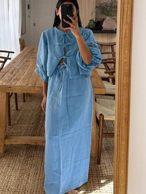 bow tie front Balloon long Sleeves blouse & midi skirt set for wholesale by Rosa Clothing