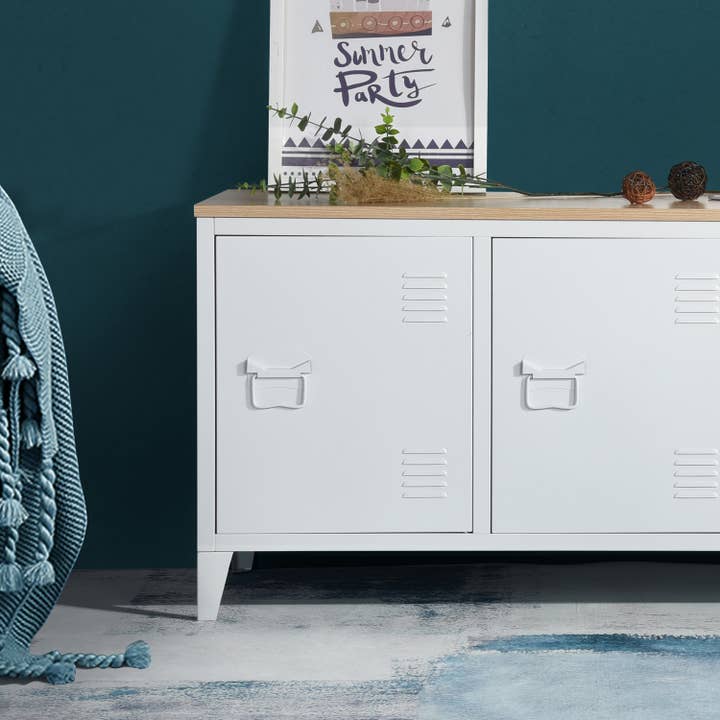 39F Inc. - Wholesale Cabinet - Industrial Metal Storage Cabinet with Wood Top-White/Black