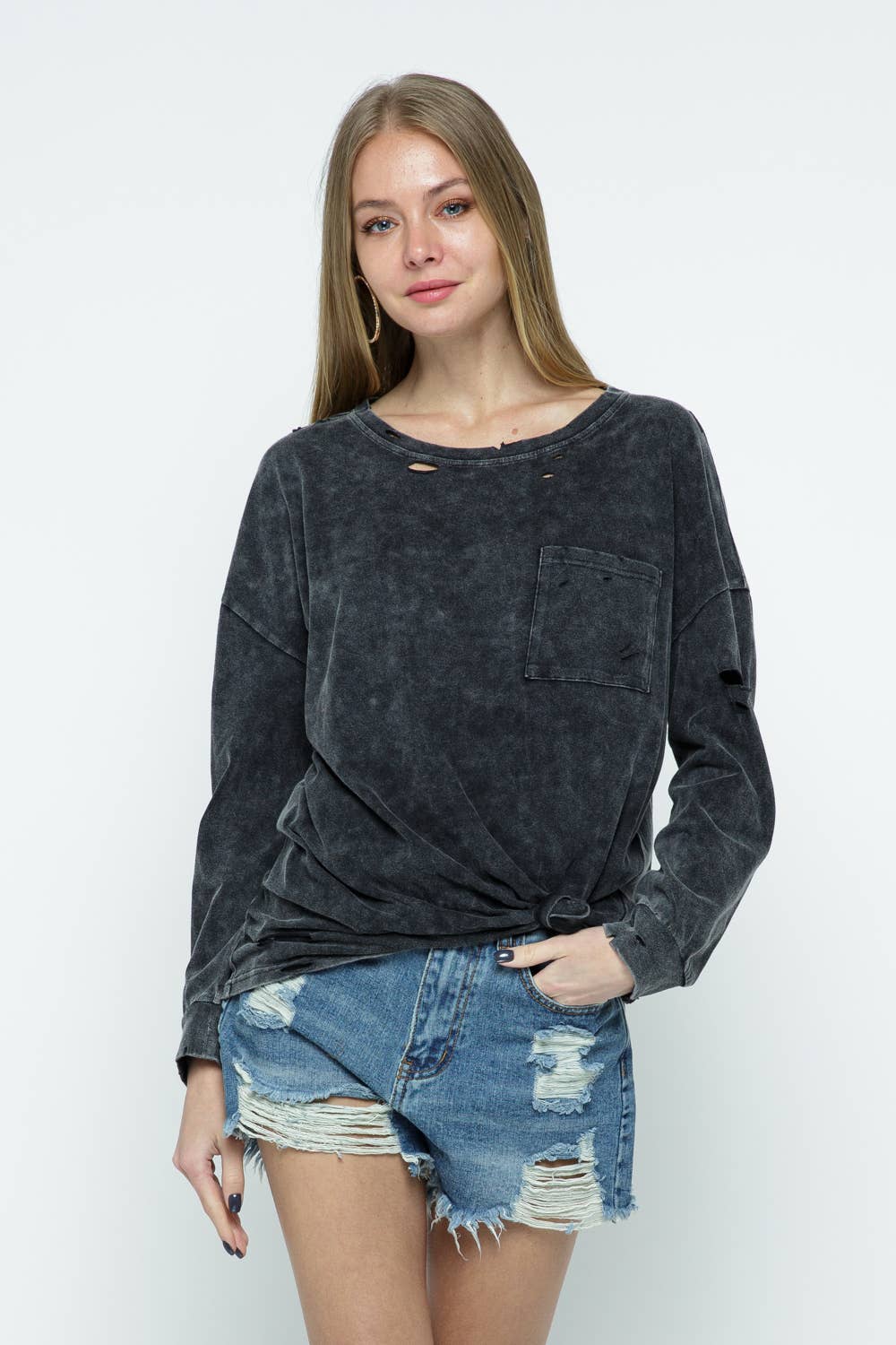 CHARCOAL 12567T - MINERAL WASHED DISTRESSED KNIT TOP for wholesale on Faire1