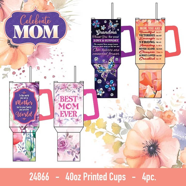 Novelty Closeout - Wholesale Insulated Mug/Tumbler - Insulated 40 oz Cup with Straw Mother's Day Assortment- 4/pk