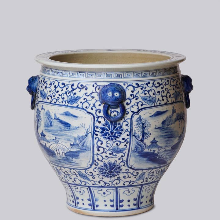 Fioriera in porcellana con cartiglio paesaggistico blu e bianco per la vendita all'ingrosso da parte di Cobalt Guild