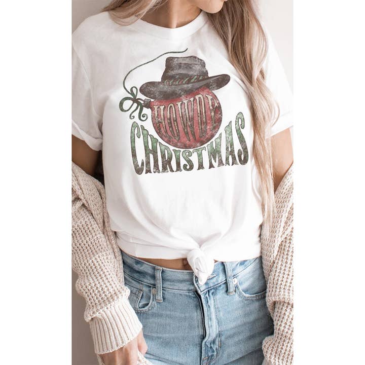 Distressed Howdy Christmas Ornament Cowboy Hat Tee for wholesale by Kissed Apparel