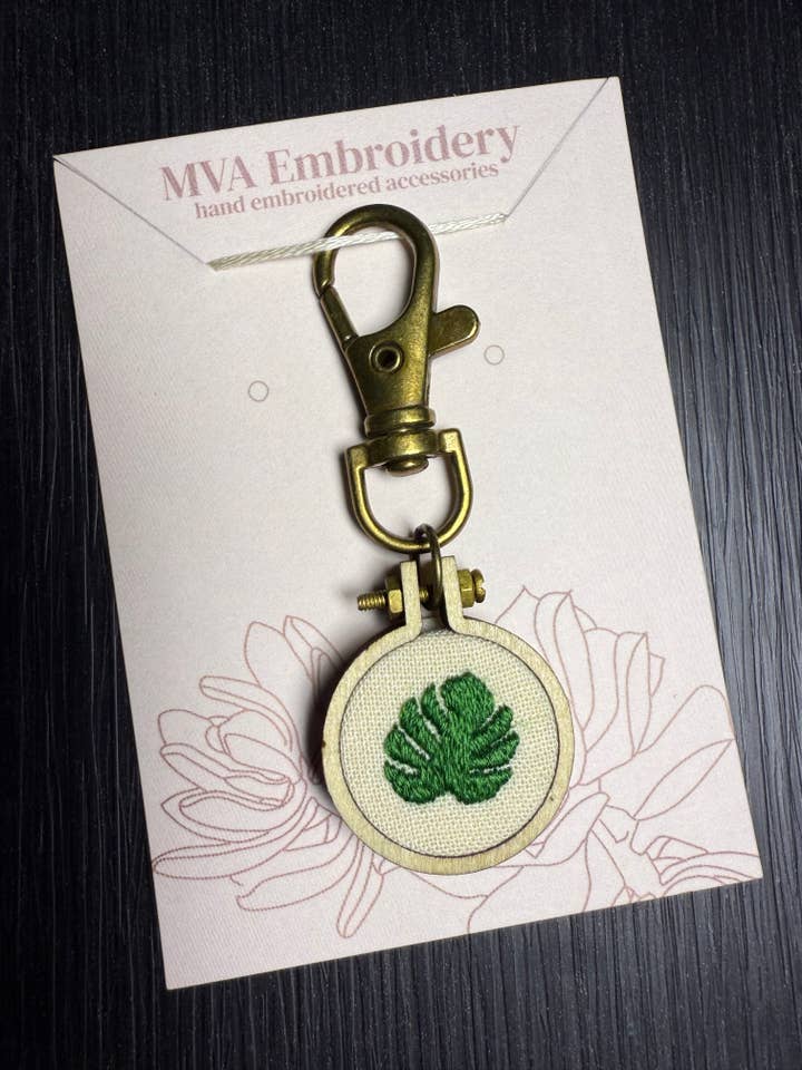 Hand Embroidered Monstera Leaf Keychain | Bag Charm for wholesale by MVA Embroidery