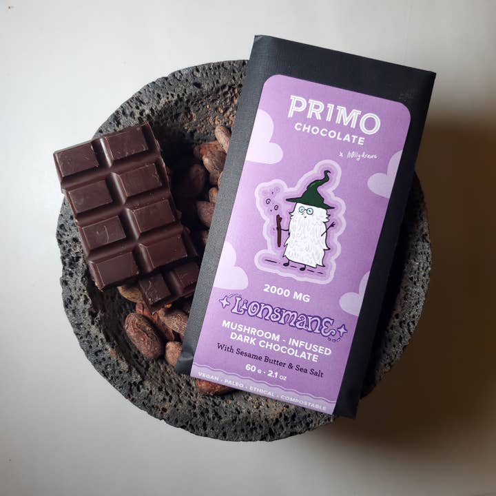LIONSMANE + SESAME CHOCOLATE BAR for wholesale by PRIMO BOTANICA CHOCOLATE