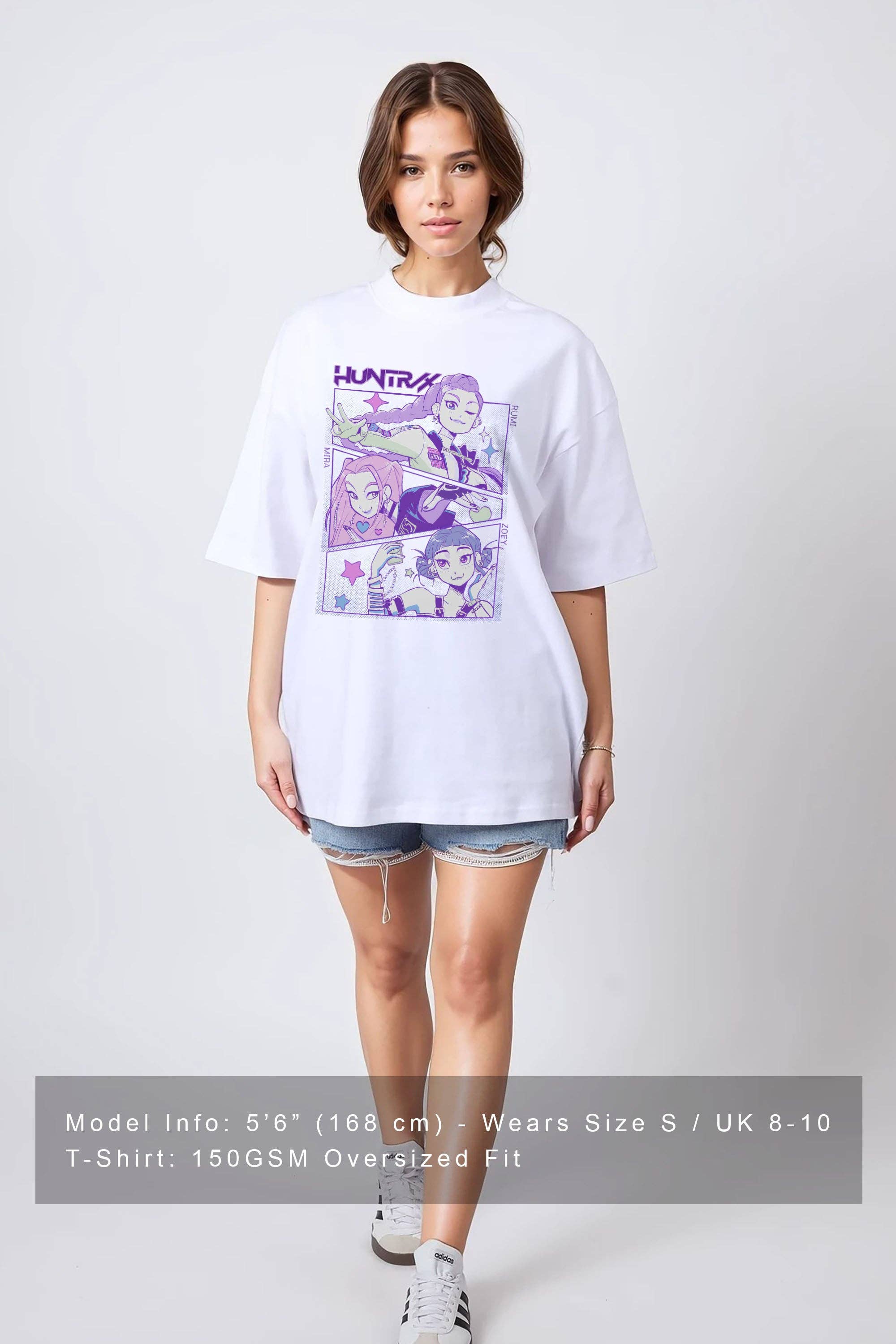 White 150GSM Oversized T-Shirt in Huntrix K-Pop Anime Print for wholesale on Faire1
